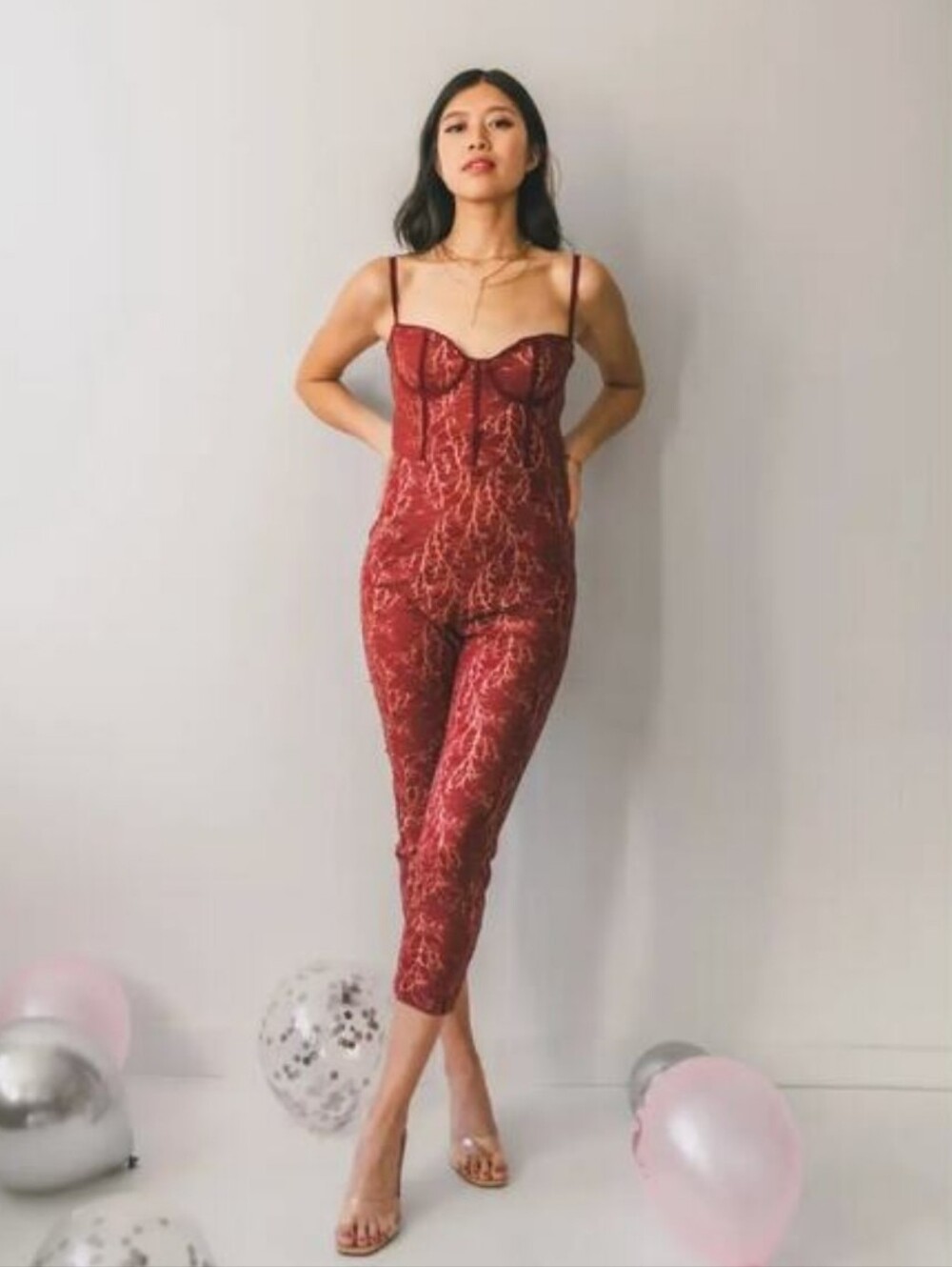 Katie May Venus Burgandy Gold Floral Lace Corset Sweetheart Top Womens Size S